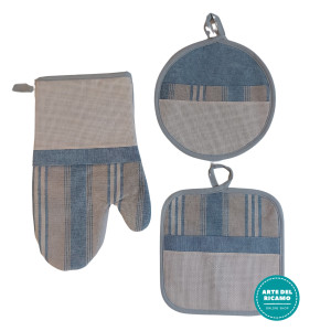 Ready to Cross Stitch Potholders and Oven Glove - Light Blue and Cream Lines